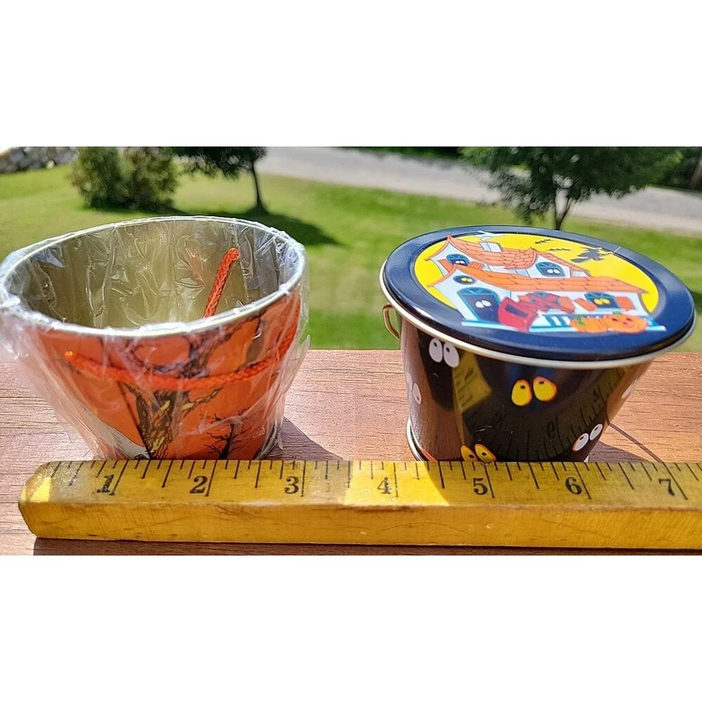 Vtg The Tin Box Company Halloween Metal Box Round Cat Pumpkin Witch & small tins